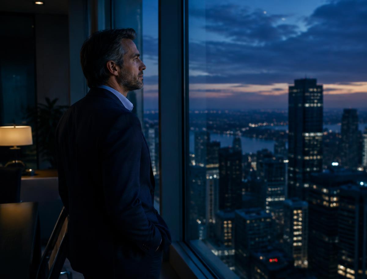 Office worker looking out a high-rise window at dusk
